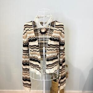 brown vintage y2k crochet striped long cardigan with pretty bell sleeves